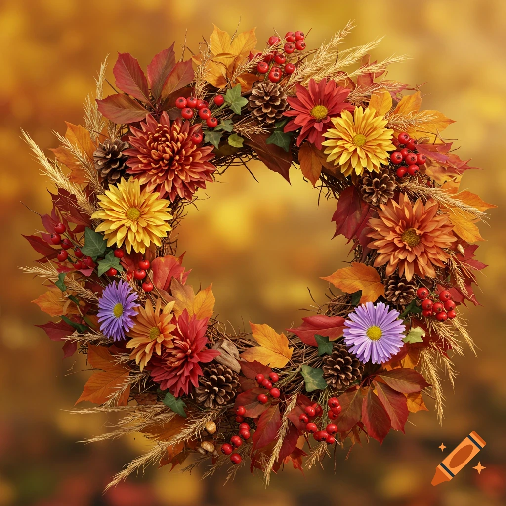 A vibrant fall wreath made of colorful leaves, red berries, pinecones, and various autumn flowers on a warm, blurry background.