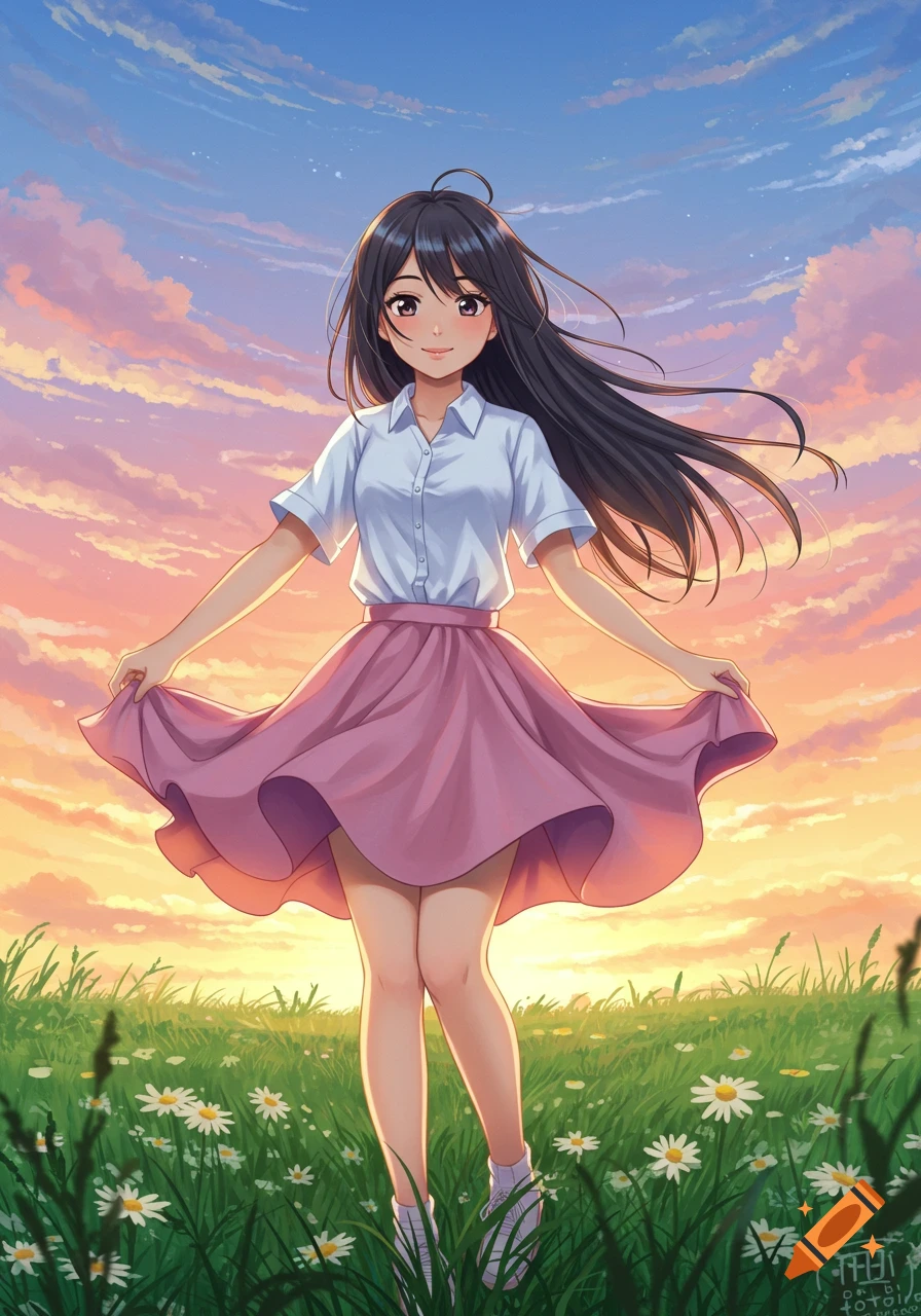 Anime girl in white shirt and pink skirt posing in a field of daisies with a vibrant sunset sky.