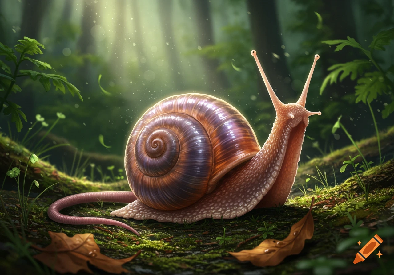 A large, detailed snail with a long, rat-like tail moves through a mossy forest floor, bathed in sunlight.
