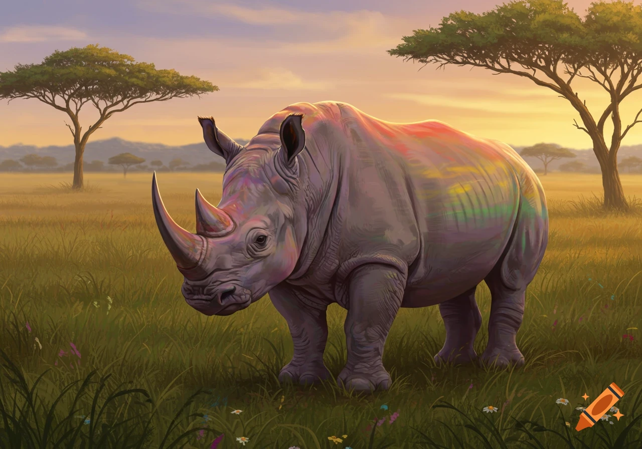 A rhinoceros with colorful stripes on its back stands in a grassy savanna at sunset.