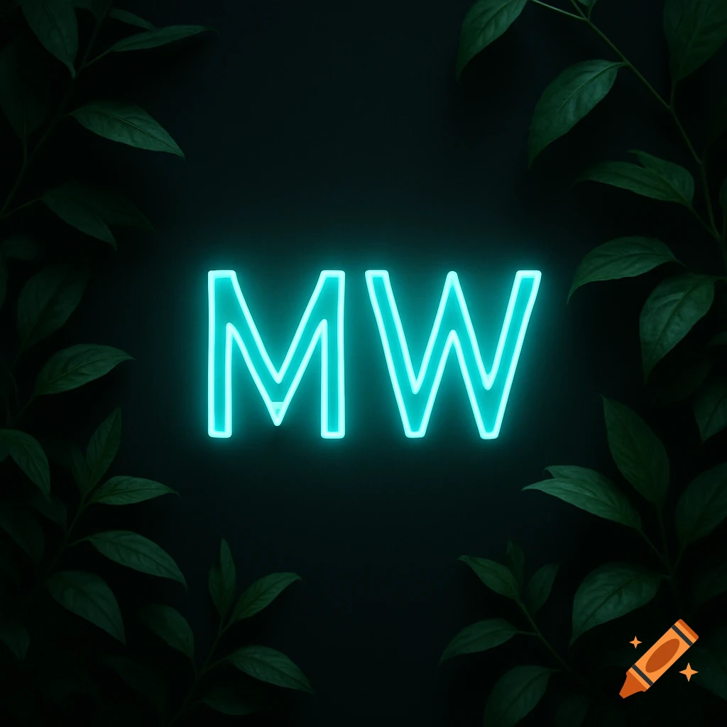 Glowing neon teal letters 'MW' on a black background surrounded by green leaves.
