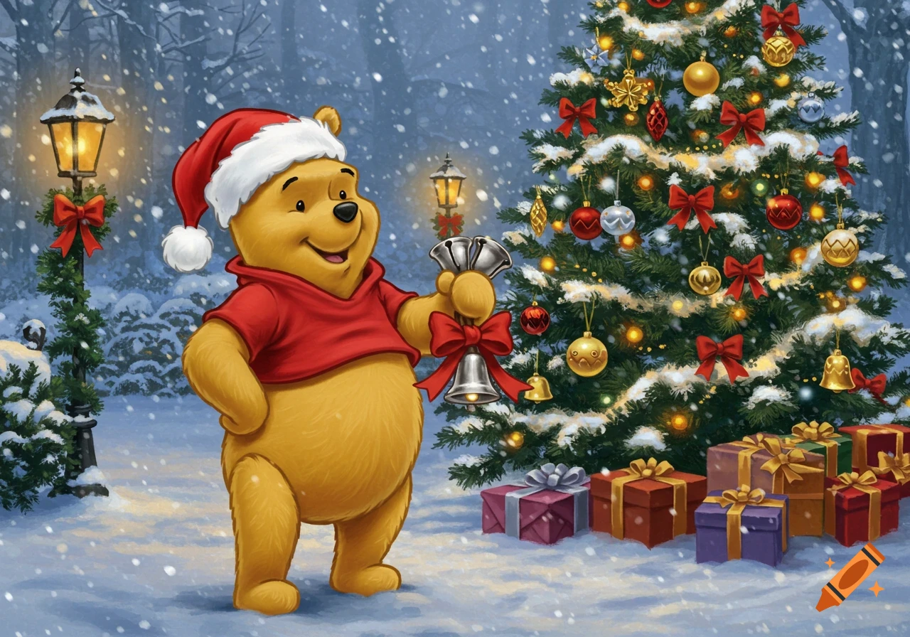 Winnie the Pooh in a Santa hat holds bells in a snowy Christmas scene with a decorated tree and presents, in an illustrative style.