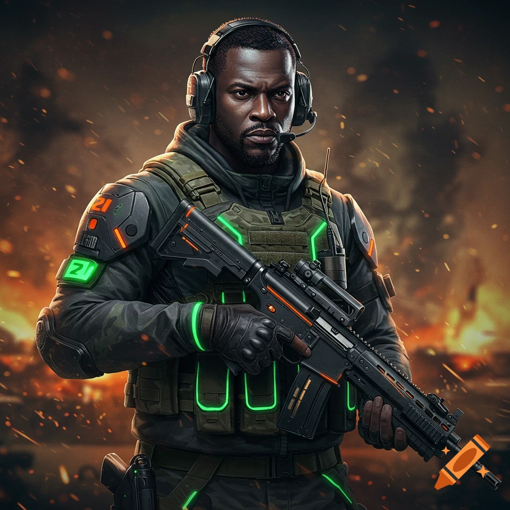 A fierce soldier in tactical gear and a headset holds a futuristic assault rifle with neon green and orange accents, set against an explosive background, in a digital art style.