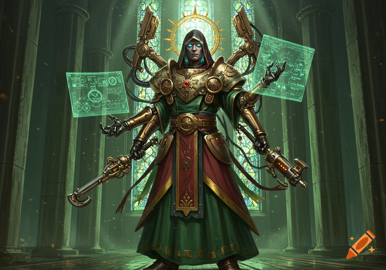 A heavily armored tech-priest with glowing blue eyes and multiple mechanical arms holds staffs, surrounded by holographic schematics in a gothic cathedral.