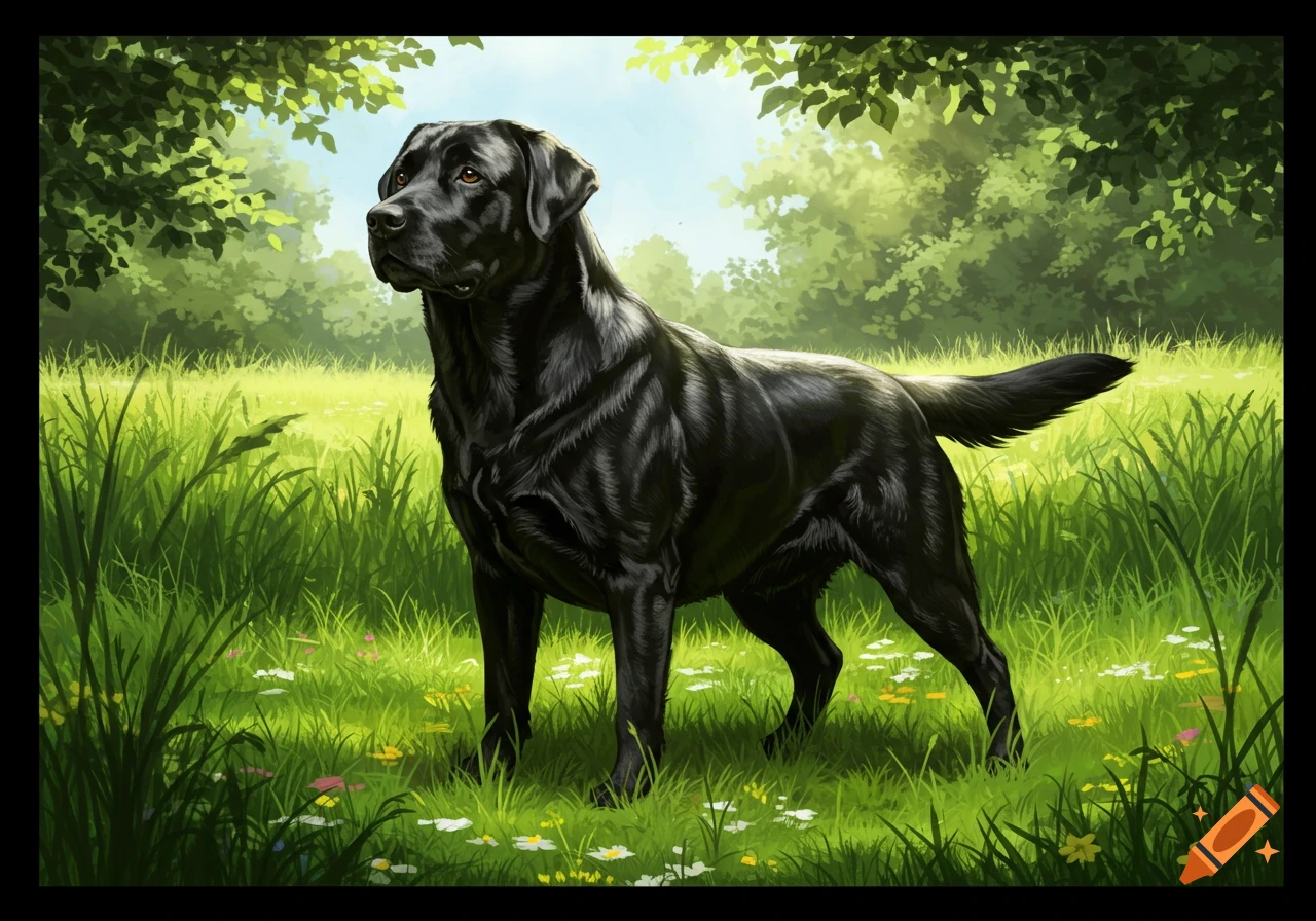A black Labrador dog stands in a lush green field with colorful wildflowers and trees under a blue sky, in an illustrative style.