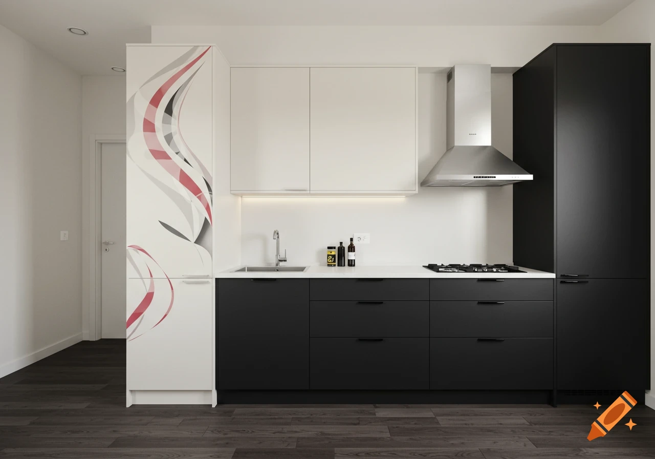 A modern kitchen with black base cabinets, white upper cabinets, and a tall white cabinet with a red and gray abstract design, on dark wood flooring.