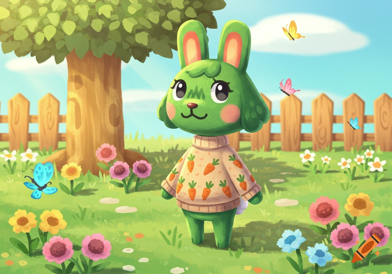 A green Animal Crossing character wearing a carrot sweater stands in a vibrant garden with flowers and butterflies.
