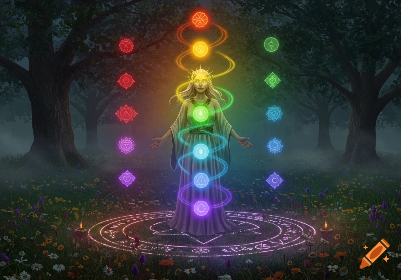 A goddess-like woman stands in a misty forest at dusk, surrounded by glowing rainbow chakra symbols and a magic circle on the ground.