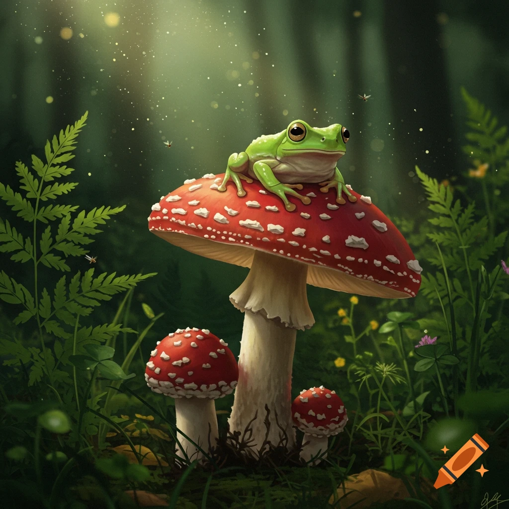 A vibrant green frog sits atop a large red and white spotted mushroom in a magical, sun-dappled forest, with smaller mushrooms and ferns nearby.