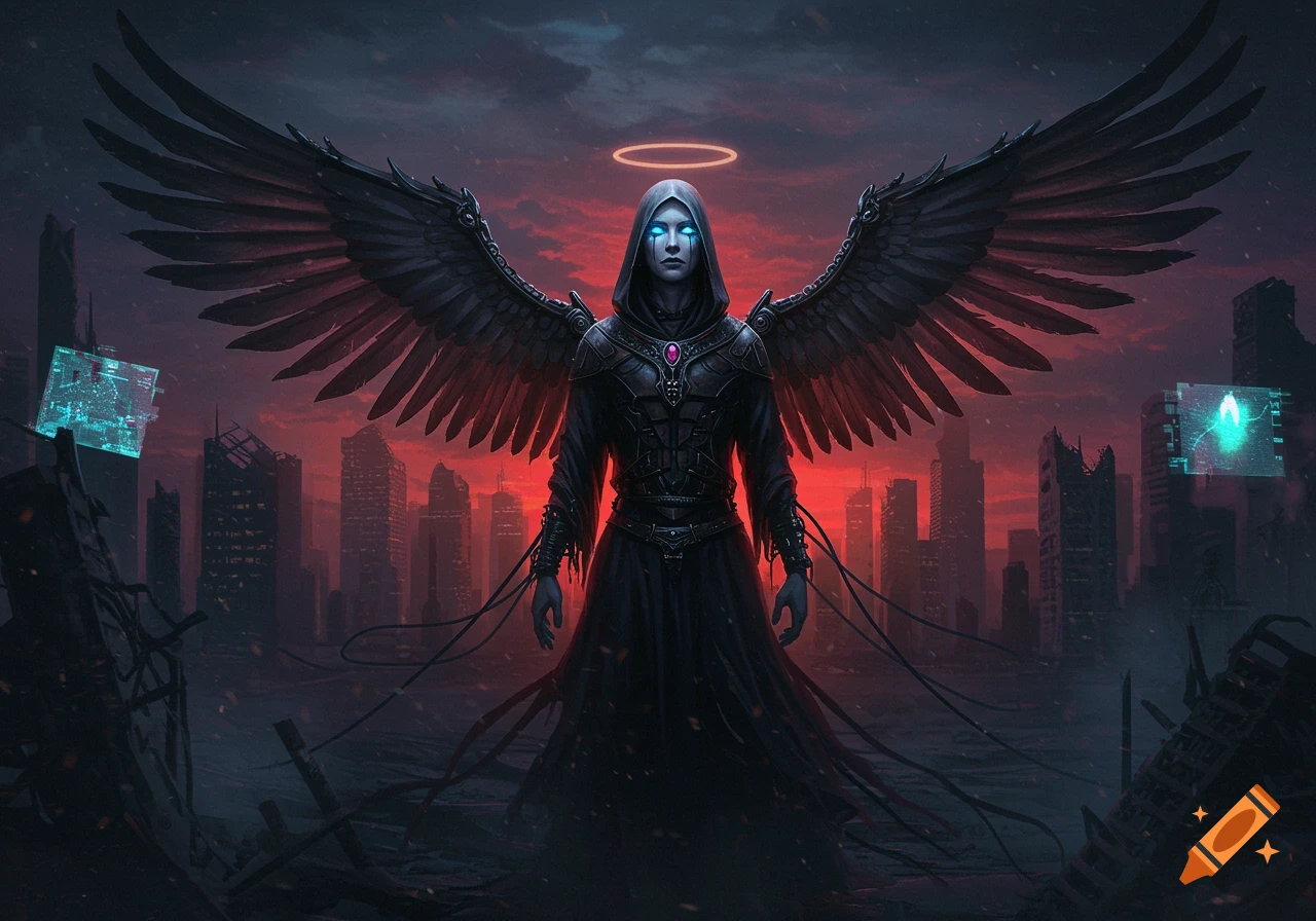 A dark angel with black wings and a halo stands in a destroyed, red-lit dystopian city with holographic screens.