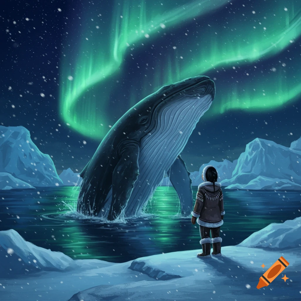 An Inuit person watches a whale breach from icy water under green aurora borealis and falling snow.
