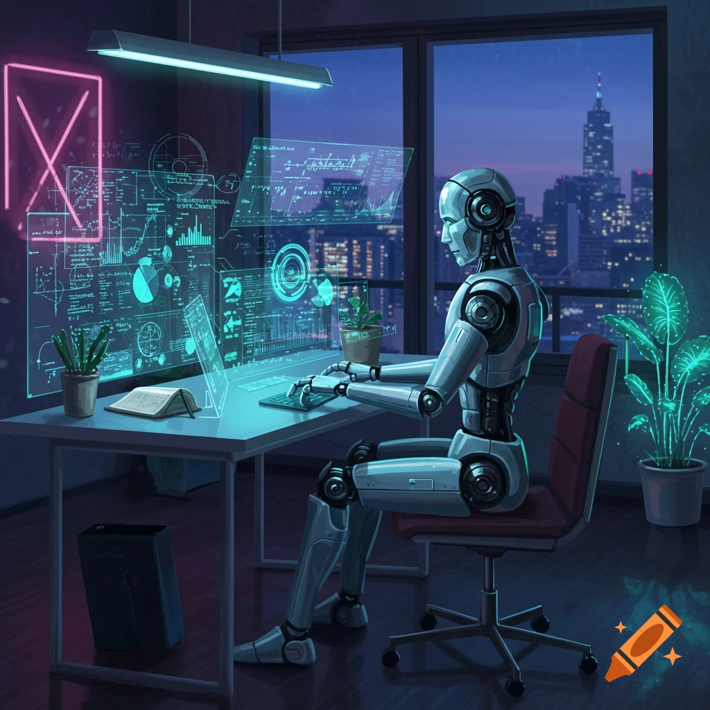 A humanoid robot sits at a desk, typing on a keyboard, surrounded by glowing holographic screens displaying data and graphs in a futuristic office overlooking a city at night.