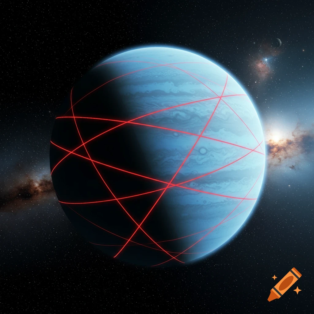 A light blue planet in deep space is crisscrossed by glowing red lines, with distant stars and a nebula in the background.