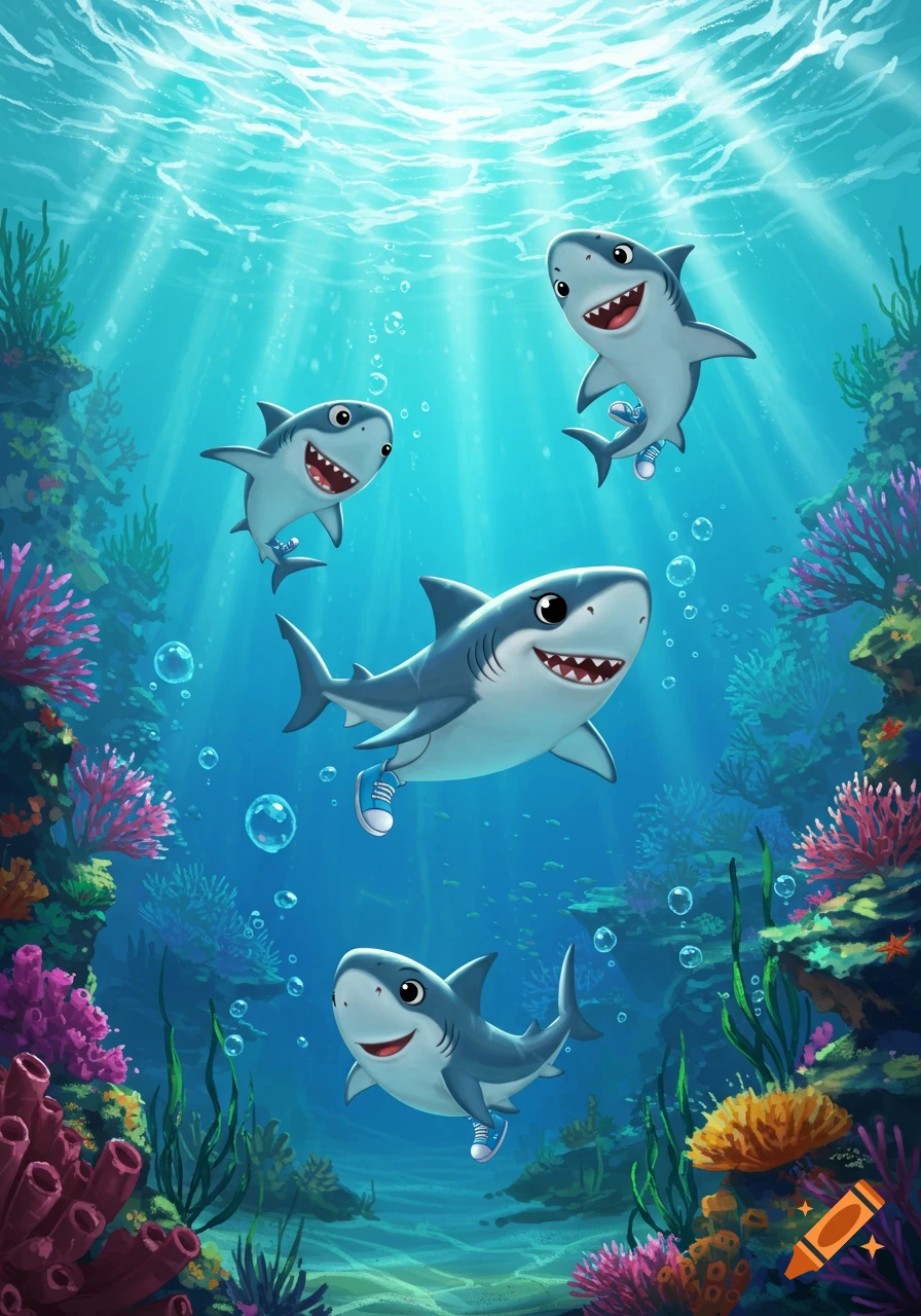 Four cartoon baby sharks wearing blue shoes swim happily in a vibrant coral reef under sunlit ocean water.