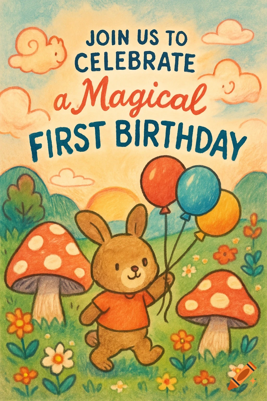 Cartoon invitation with a brown bunny holding balloons, surrounded by mushrooms and flowers. Text reads: Join us to celebrate a Magical First Birthday.