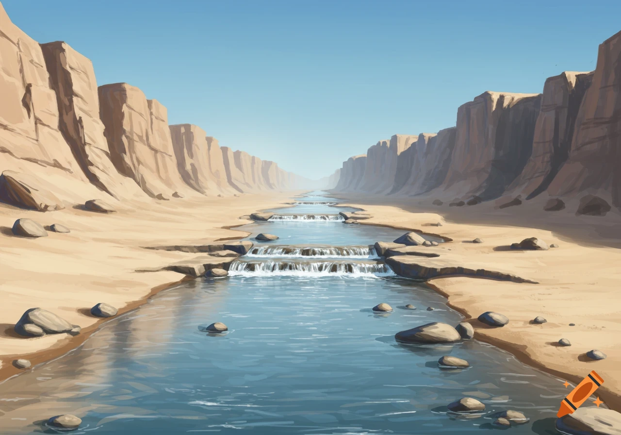 An illustration of a river with multiple small waterfalls flowing through a desert canyon with sand and rock walls under a clear sky.