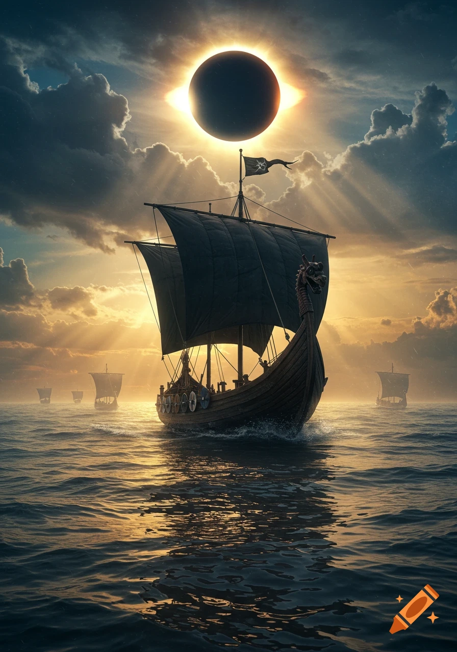 A dramatic scene with a large viking longship with black sails at sea under a solar eclipse, with other ships in the distance.