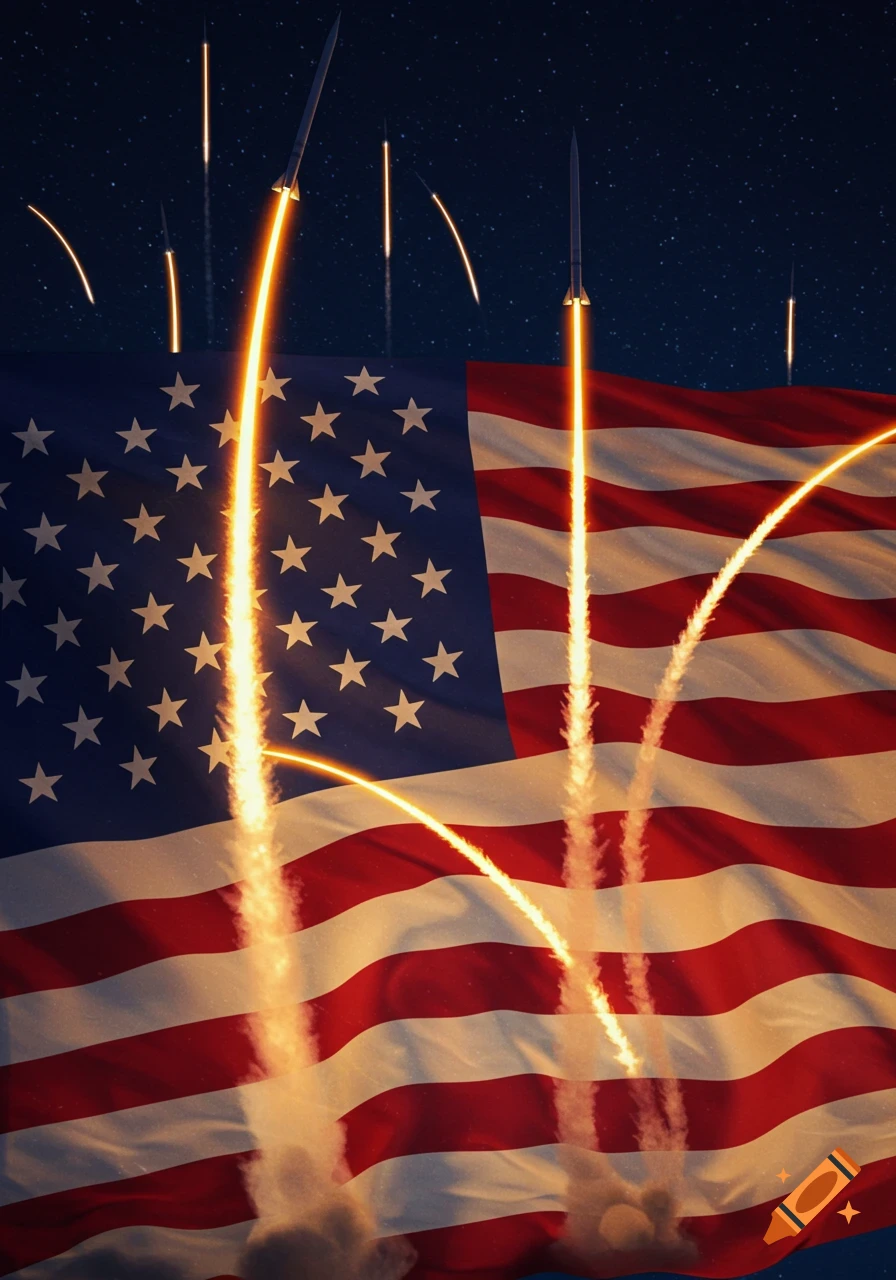 Multiple rockets launch from behind a waving American flag into a star-filled night sky, leaving bright fiery trails.
