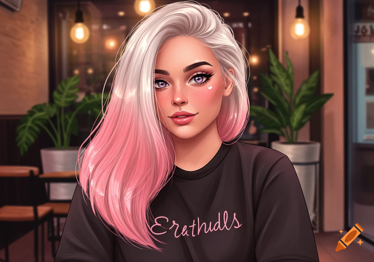 A digital art portrait of a woman with long blonde and pink ombre hair, purple eyes, and freckles, wearing a black t-shirt in a cafe.