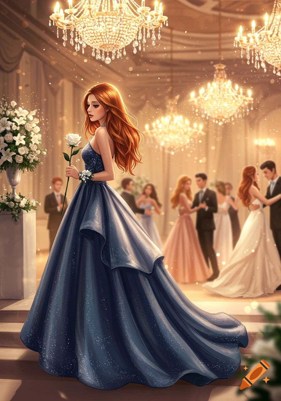 Illustration of a red-haired woman in a sparkling blue gown holding a white rose in a grand ballroom with chandeliers.