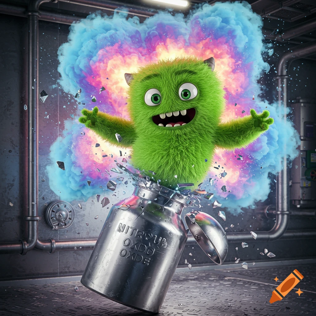 A fluffy green cartoon monster with big eyes and a wide smile bursts out of a shattered metal bottle, surrounded by a colorful explosion in an industrial setting.