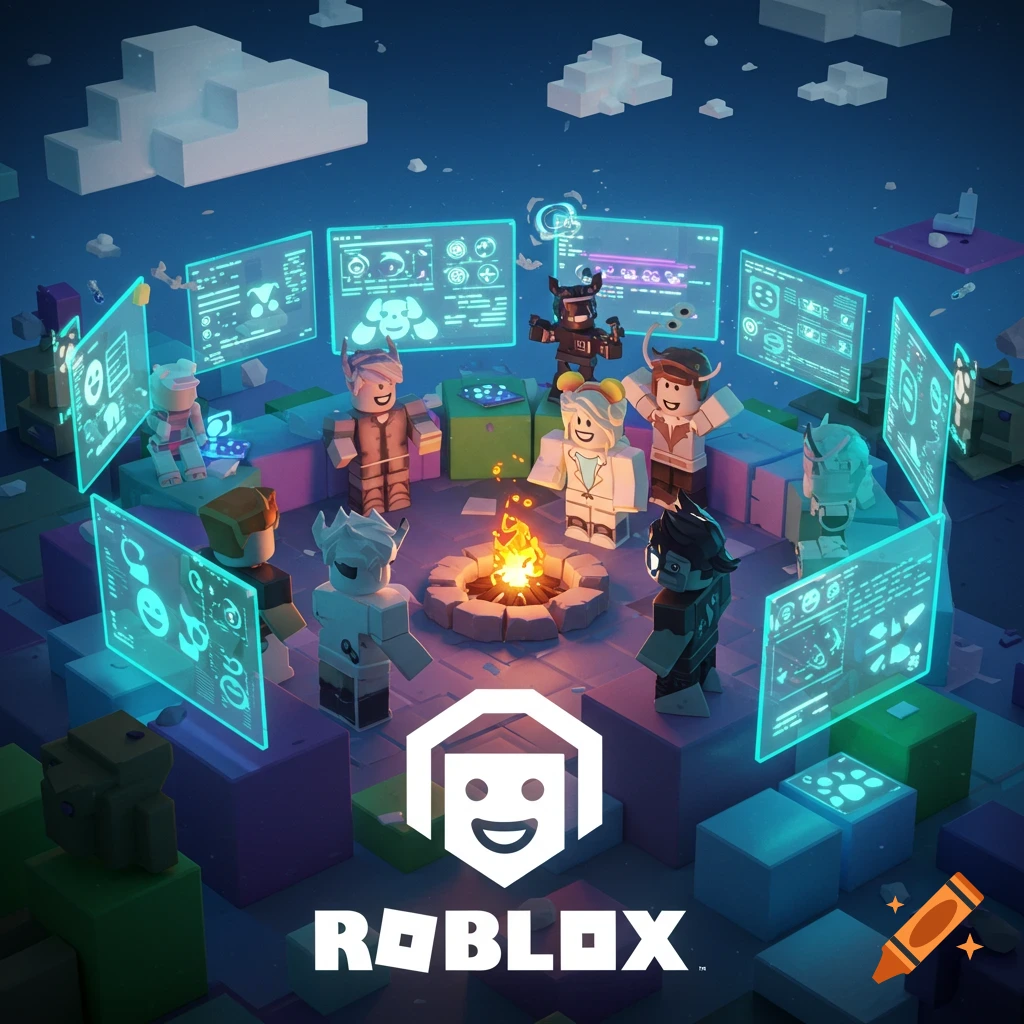 Roblox characters gathered around a campfire with holographic screens, with the Roblox logo at the bottom.