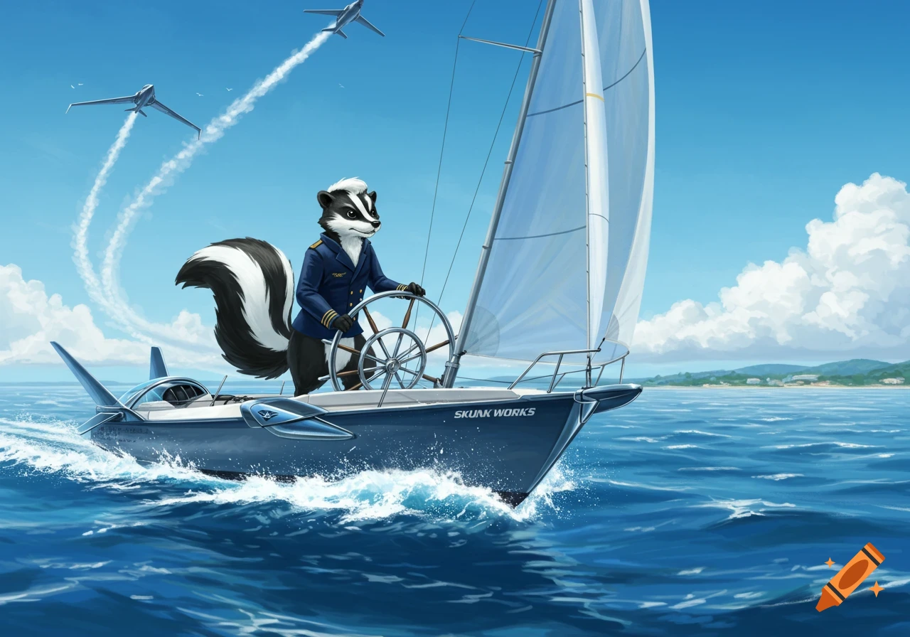 An anthropomorphic skunk in a pilot's uniform steers a sailboat named 'SKUNK WORKS' across blue water, with airplanes flying overhead.