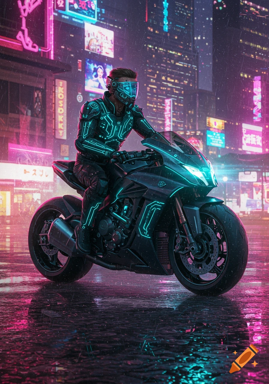 A male biker in a glowing suit rides a futuristic motorcycle on a wet street in a neon-lit cyberpunk city at night.