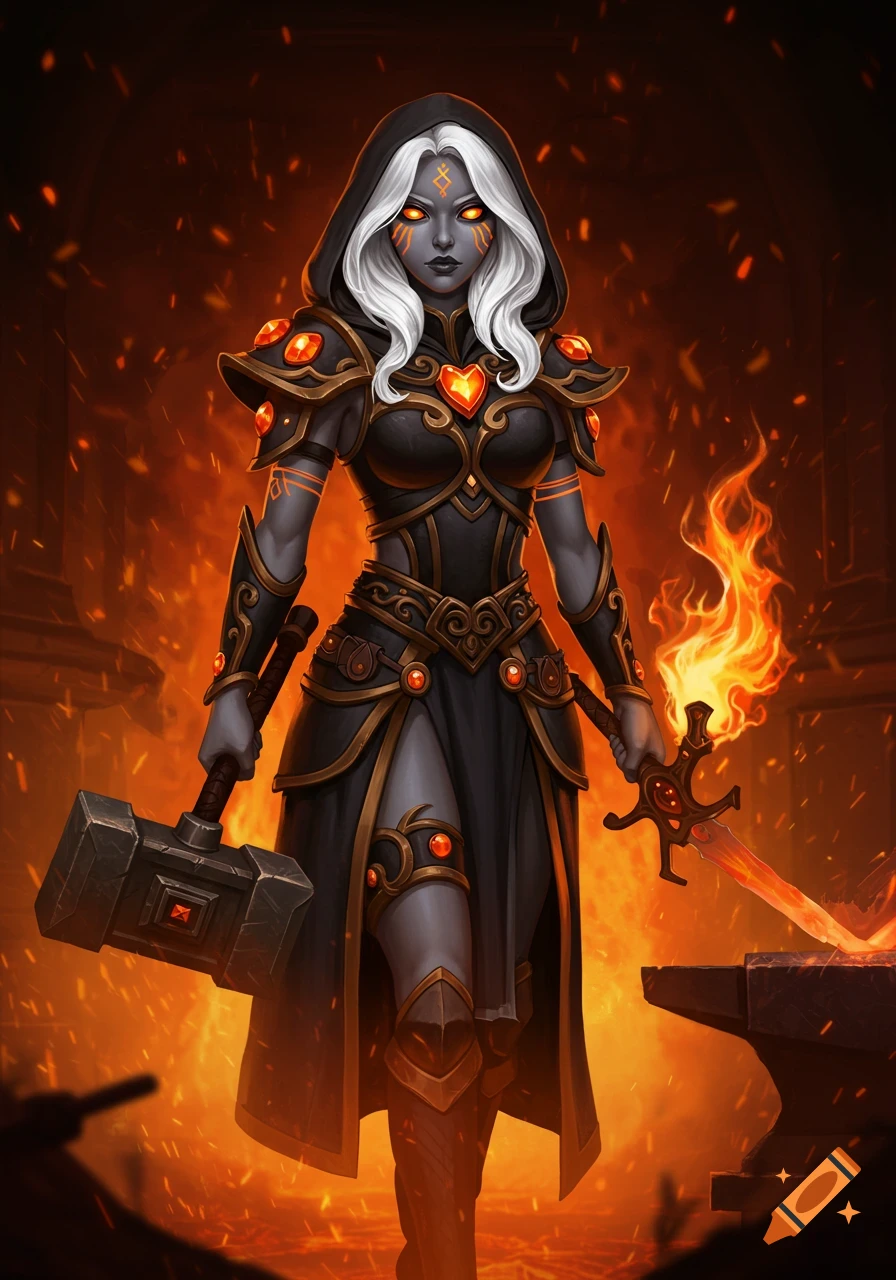 A dark-skinned woman with white hair and glowing eyes, wearing black armor with orange gems, holds a large hammer and a flaming sword in a fiery forge in a digital painting style.
