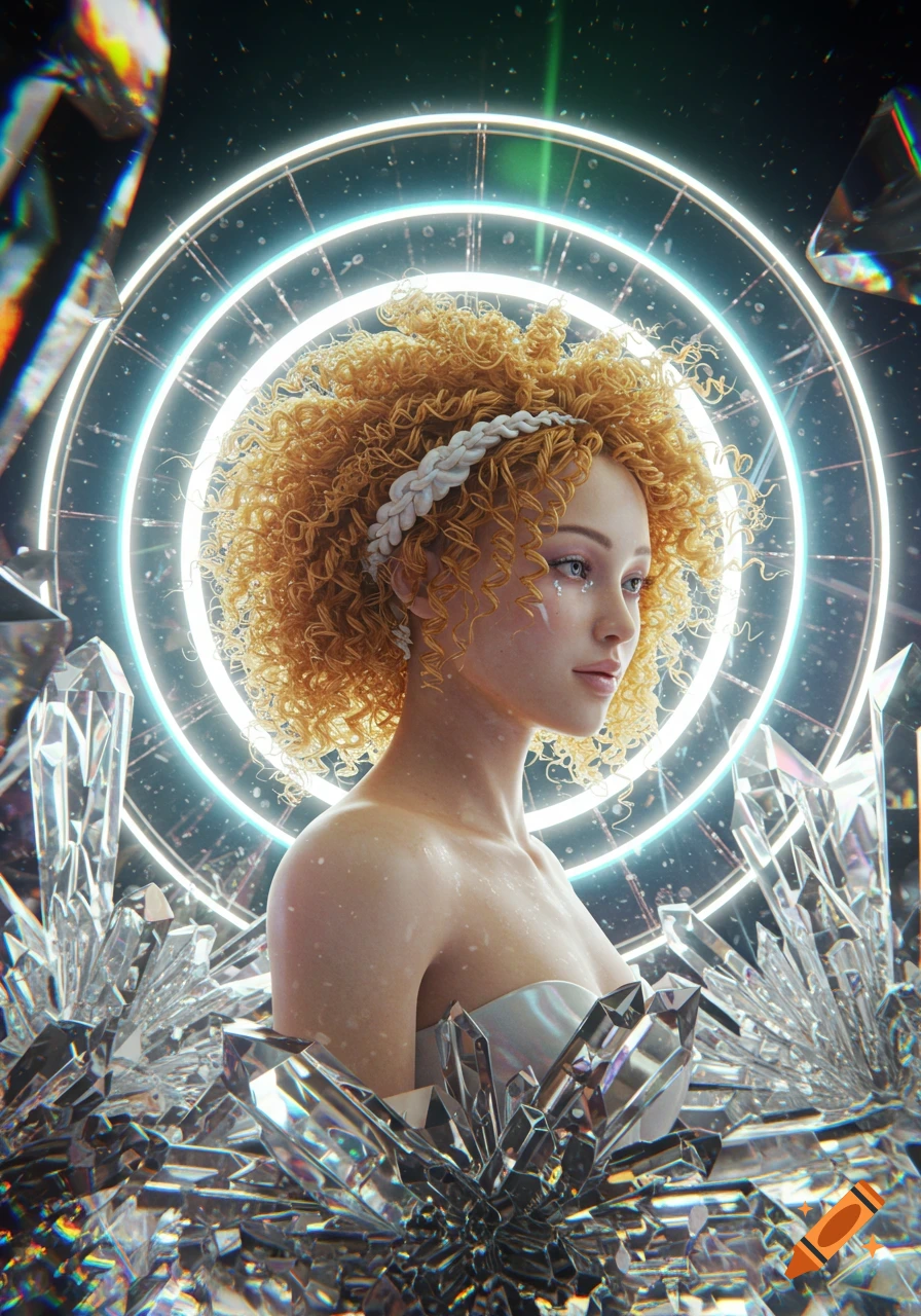 A woman with curly blonde hair and a white headband surrounded by sparkling crystals and a glowing neon ring.