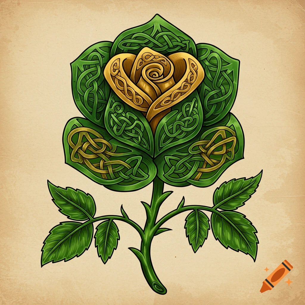 Stylized illustration of a rose with intricate green and gold Celtic knot patterns forming its petals and center.