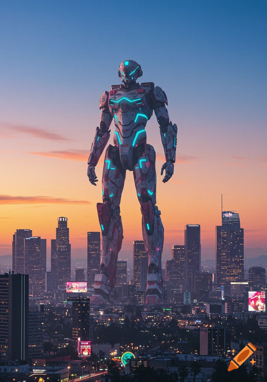 A massive white, red, and cyan futuristic robot stands over a sprawling city at sunset, dominating the skyline.