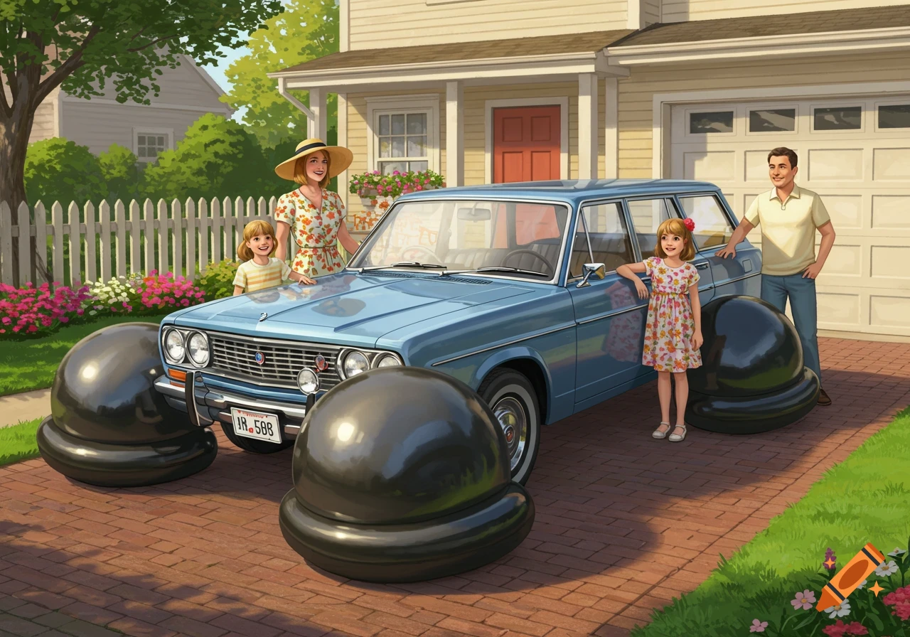 An illustrated family of four stands smiling in front of a light blue estate car with oversized inflatable bumpers on a suburban driveway.
