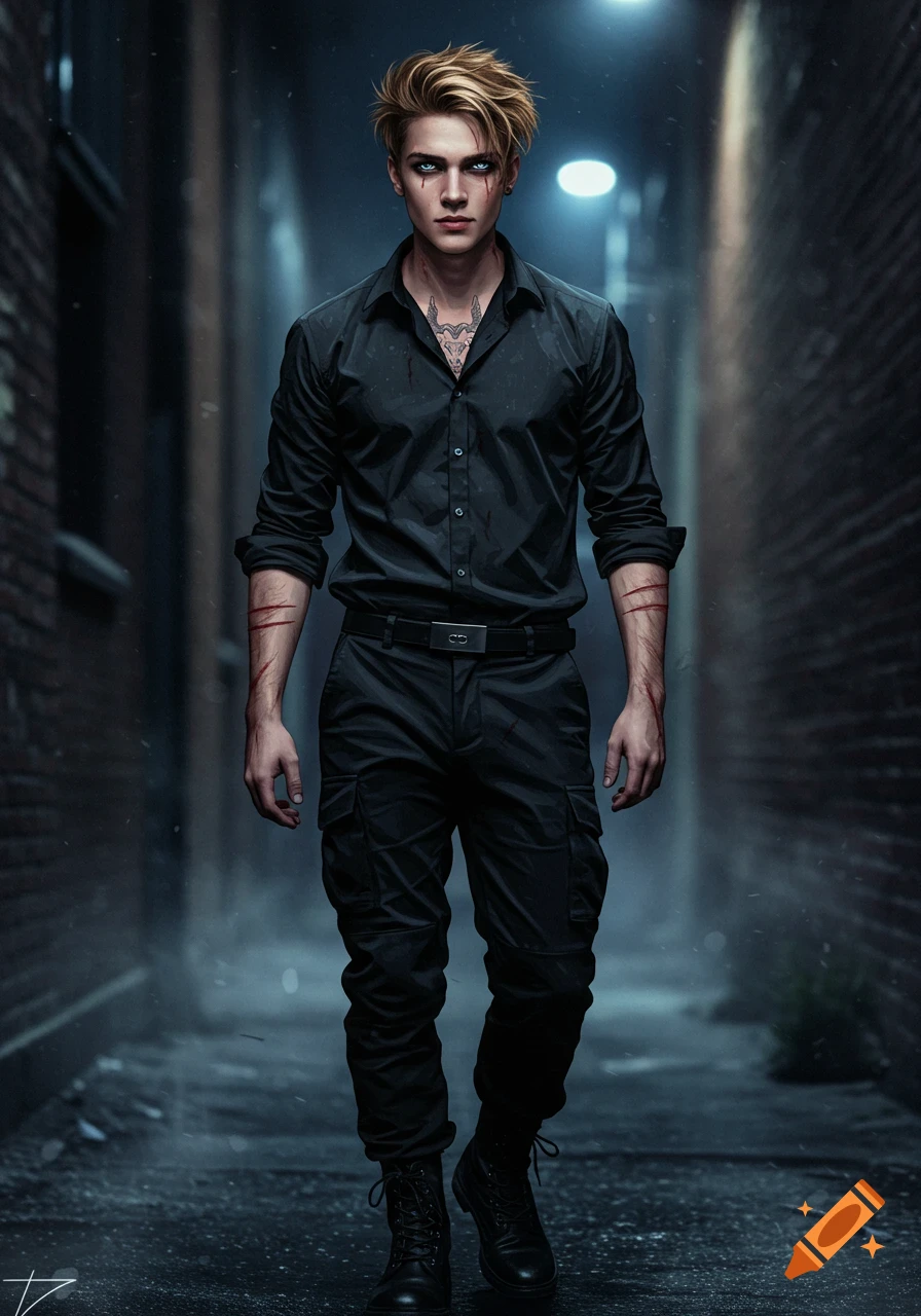 A handsome young man with messy blonde hair and ice-blue eyes walks confidently down a dark, misty alleyway. He wears a black button-up shirt and cargo pants, with subtle scars on his arms and chest.
