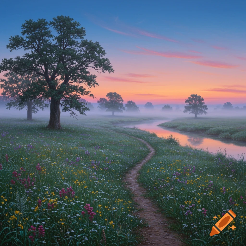 A photorealistic landscape of a winding dirt path and river through a field of wildflowers, with misty trees and a vibrant sunrise sky.
