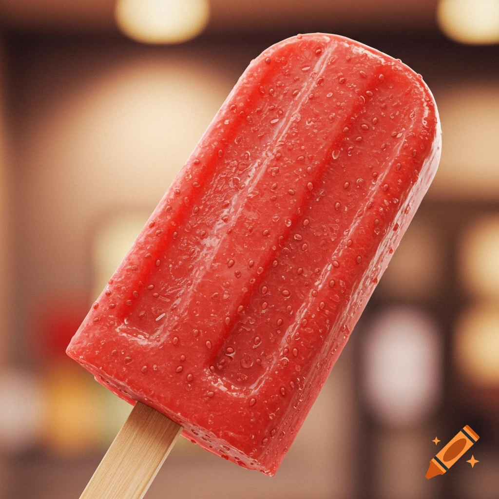 A close-up, photorealistic image of a red strawberry popsicle on a wooden stick.