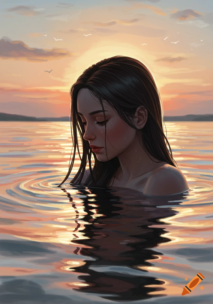 A serene woman with dark hair in water, reflected in ripples under a sunset sky.