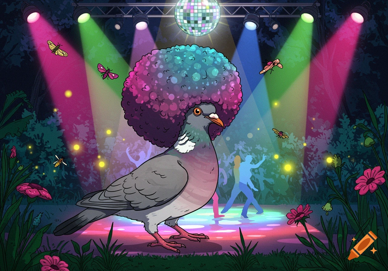 A cartoon pigeon with a large, colorful afro stands on a light-up disco floor in a forest, illuminated by stage lights and a disco ball, with silhouettes of dancing people in the background.