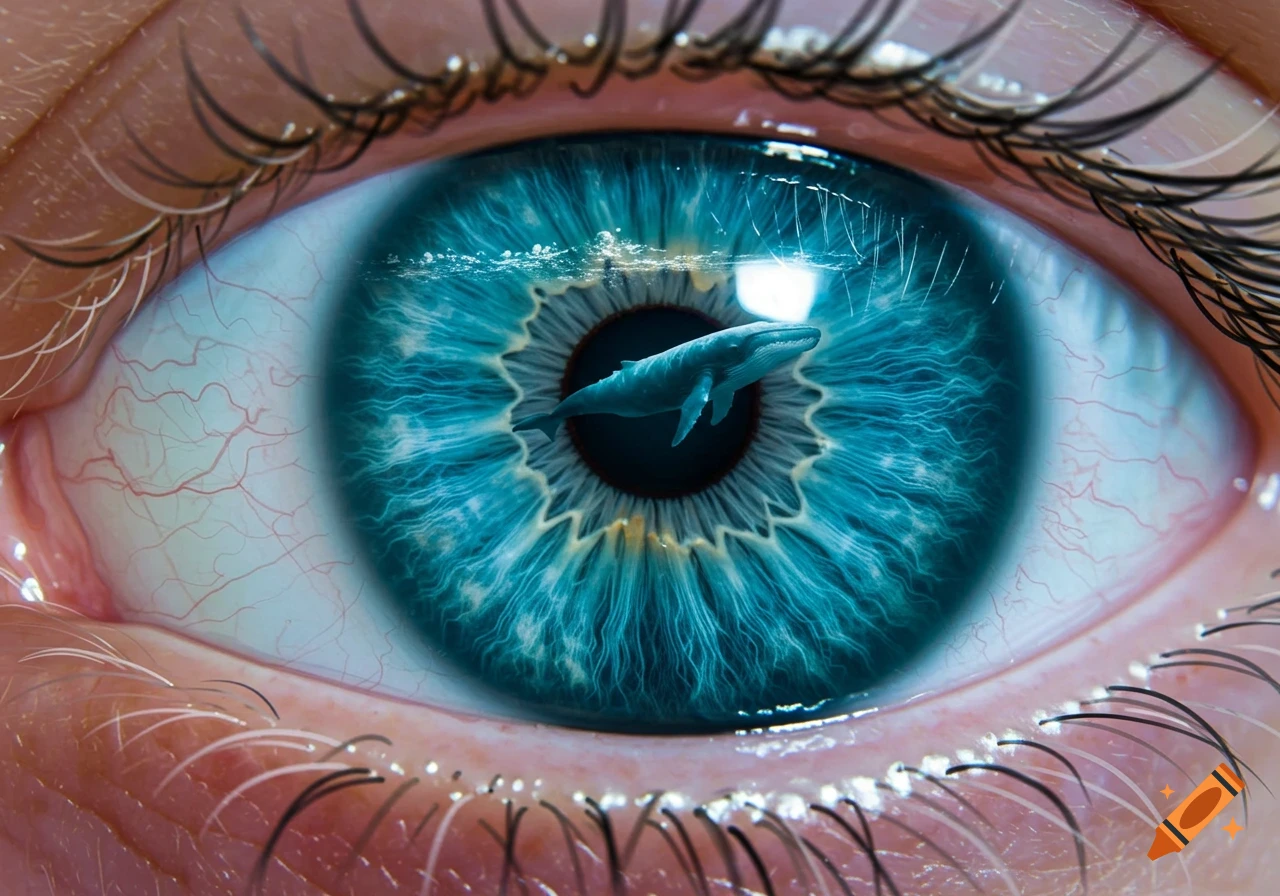 Photorealistic close-up of a human eye with a blue whale swimming in the ocean within its vibrant blue iris.