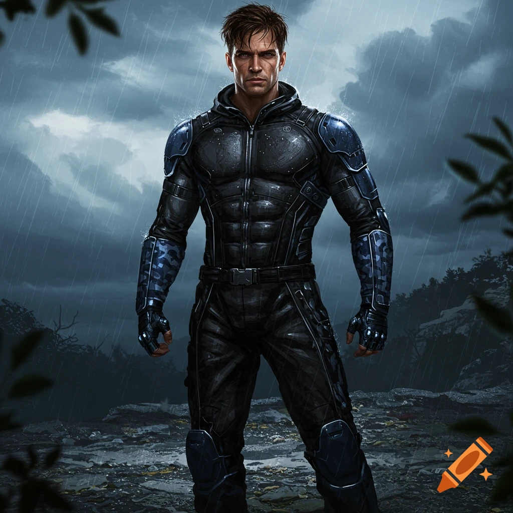 A muscular man with brown hair in a dark, armored rainsuit with blue camouflage accents stands in the rain. Digital art.
