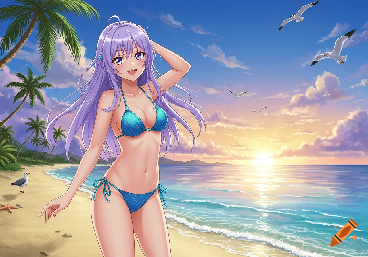 Anime woman with long purple hair in a teal bikini on a sunny beach at sunset, with palm trees and seagulls.