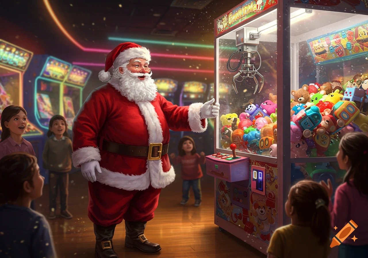 Santa Claus smiling while standing next to a claw machine full of toys, with children watching in a vibrant arcade.