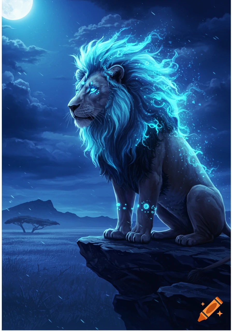 A majestic fantasy lion with glowing blue mane and eyes sits on a rock under a full moon in a savanna landscape, digital art.