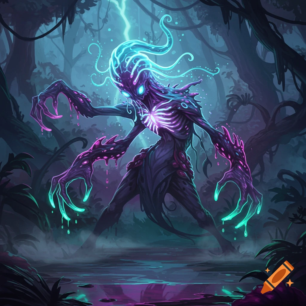A dark, glowing monster with neon blue and pink elements stands in a shadowy, swampy forest. It has elongated limbs and a skeletal chest.