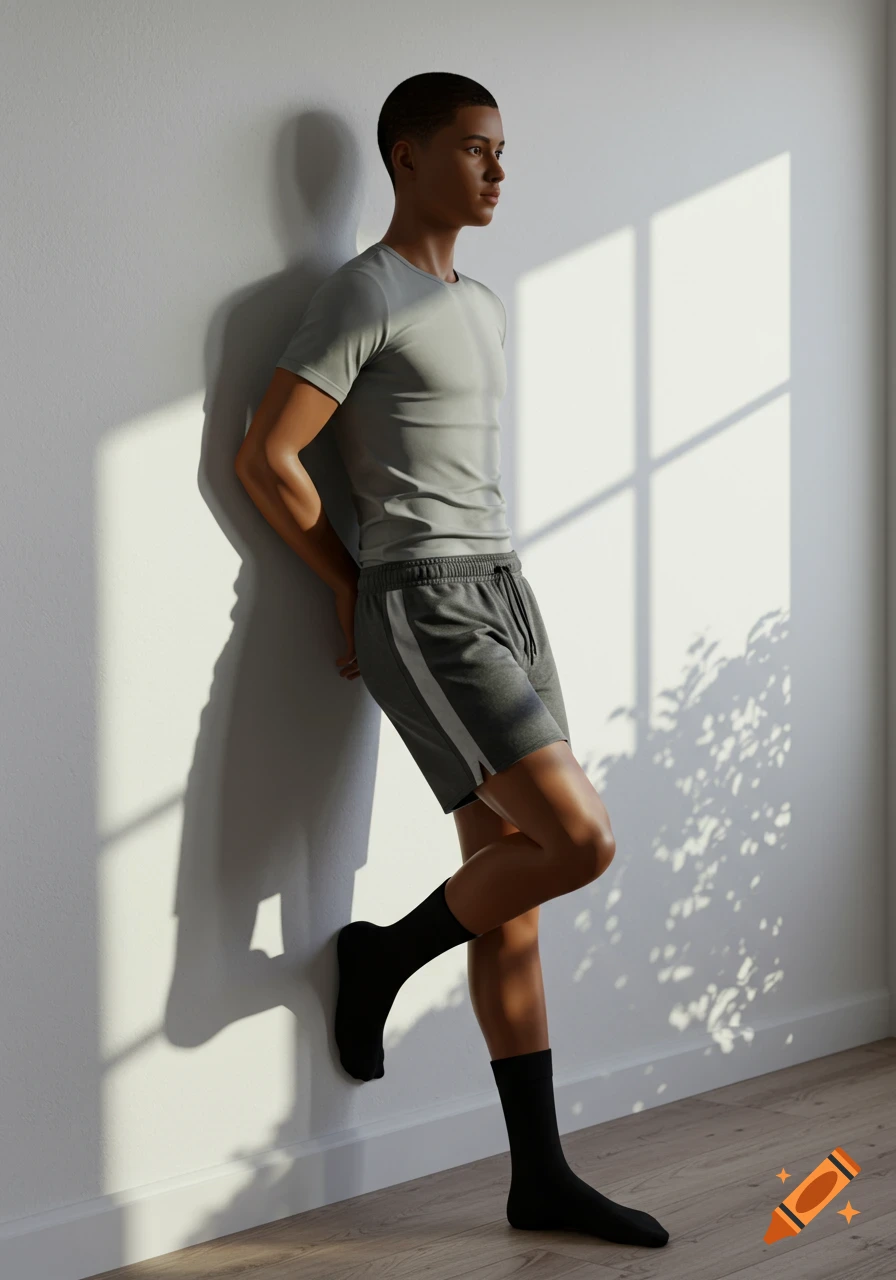 A young man with tan skin leans against a white wall with his hands behind his back, wearing a gray t-shirt, dark shorts, and black socks. Sunlight casts window shadows on the wall.