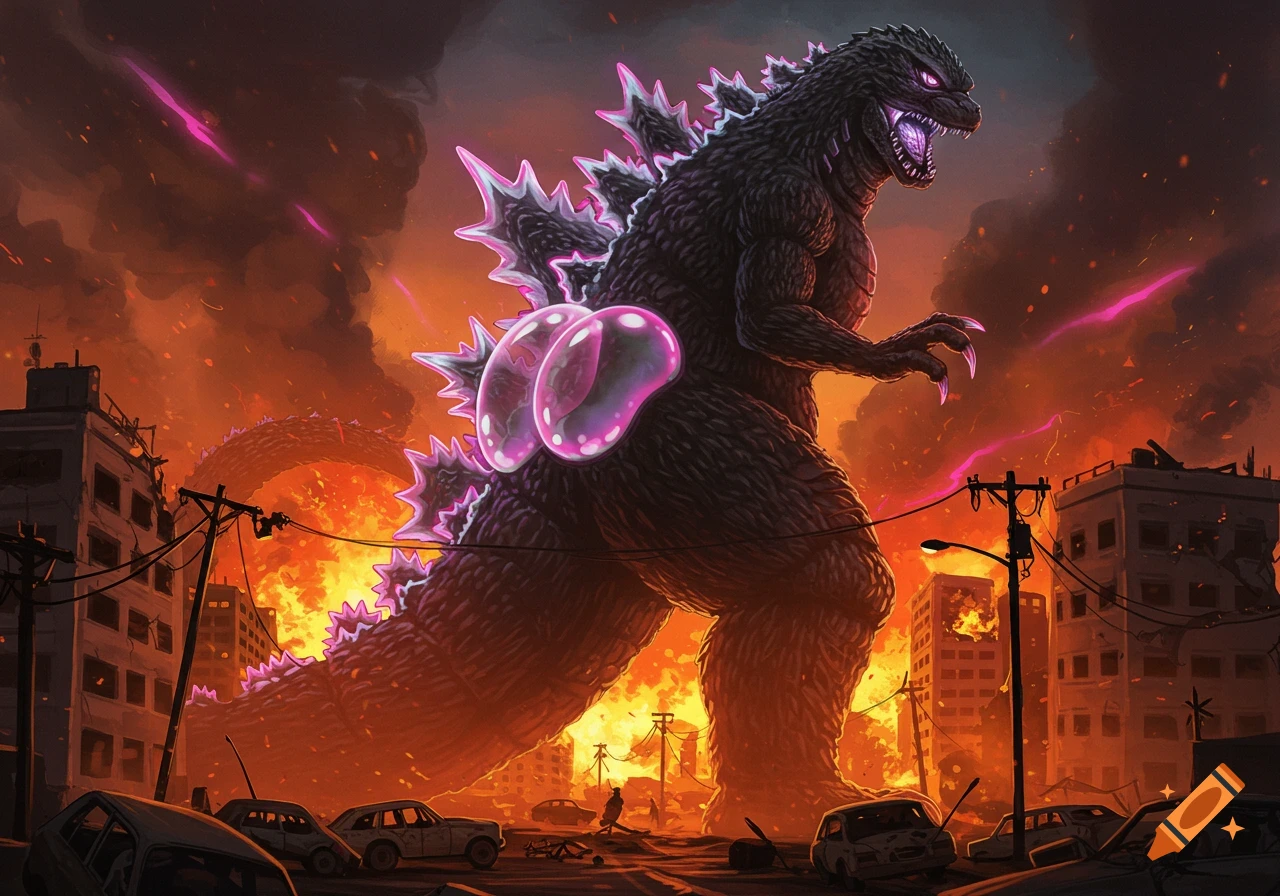 Giant Godzilla with a glowing bubble butt and pink nails rampages through a fiery, destroyed city at dusk.