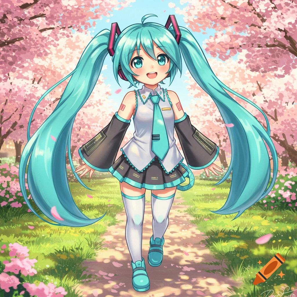 A cute anime girl with long turquoise pigtails, wearing a white shirt and black skirt, stands smiling in a vibrant cherry blossom park.