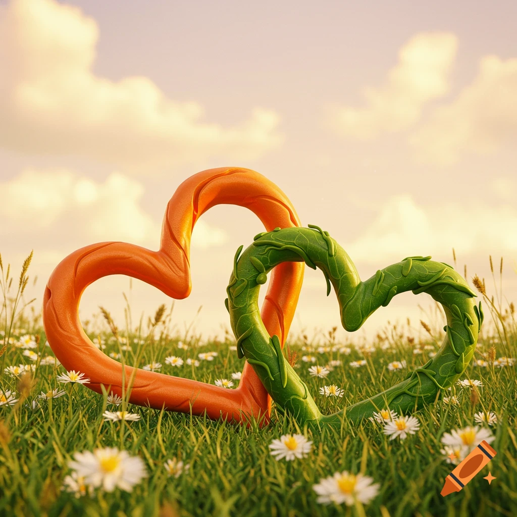 An orange heart and a green heart, intertwined, sit in a field of green grass and white daisies under a cloudy sky.