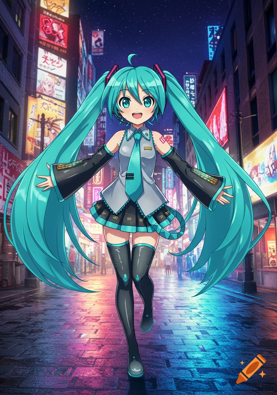 Hatsune Miku with long teal twin tails and a grey and black outfit walks happily on a wet city street at night under neon signs.