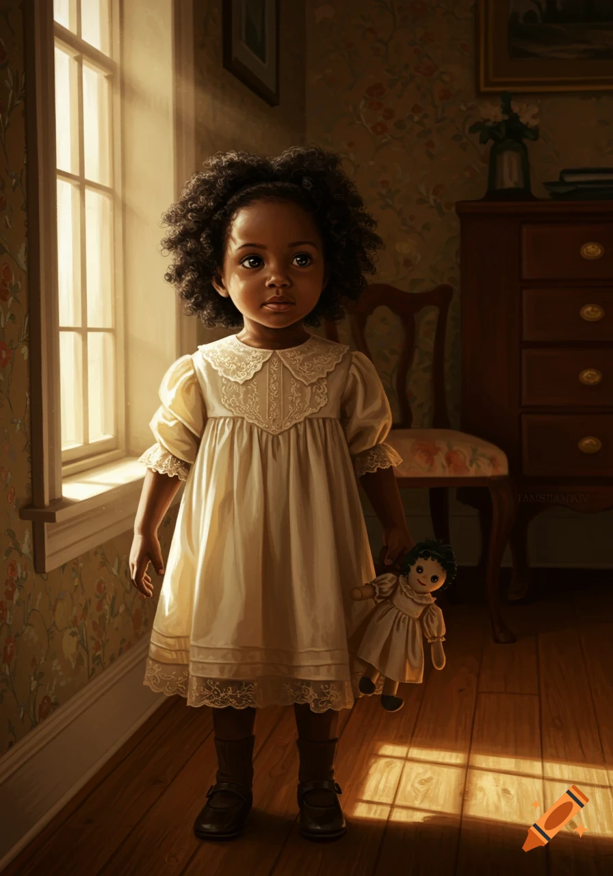 A young Black girl in an 1800s dress stands by a sunlit window, holding a rag doll.